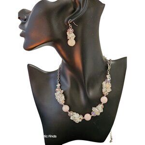 Rose Quartz Crystal Necklace & Earrings Set With Silver Chain & Clasp